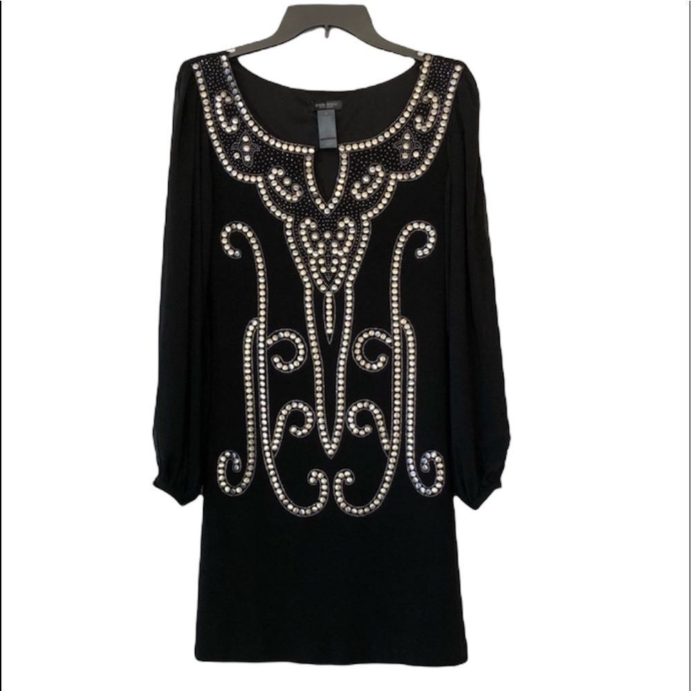 Bisou Bisou Embellished Blouson Dress Size 4 Banded Sheer Sleeves Studded Black